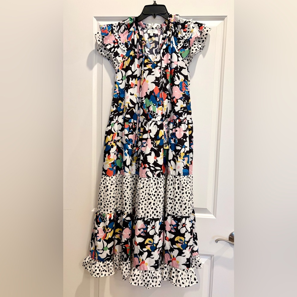 Umgee Maxi Dress with Layered Ruffle Sleeves & Adjustable Front Tie
